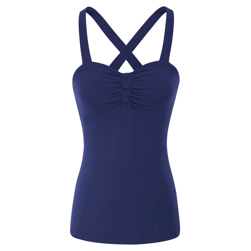 Navy Blue Облегающий Топ для женщин, летние повседневные и вечерние, вечерние, винтажные, Ретро стиль, с перекрещивающимися пуговицами, украшенные рюшами, хлопковые топы, кроп-топы - Цвет: Navy Blue