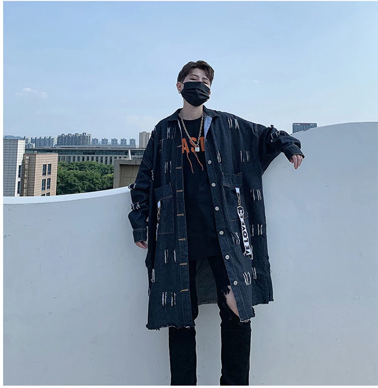 Тренч мужской стимпанк рваные джинсы длинная куртка ветровка корейское стильное пальто для мужчин Harajuku осенне-зимняя одежда