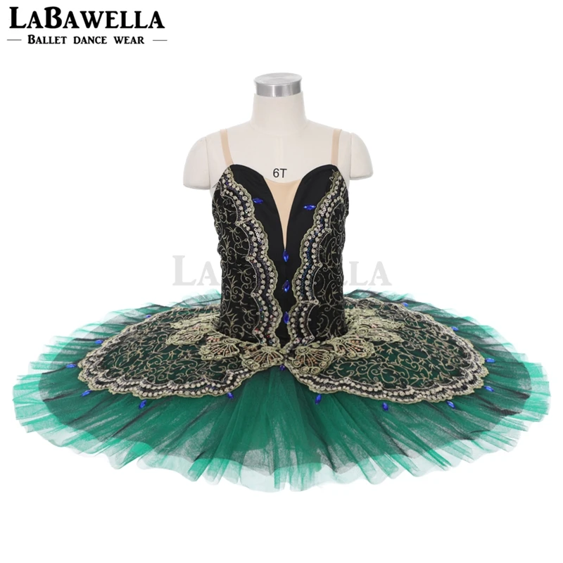 Professional Ballet Tutu Dance Costume Green Golden Trims Le Esmeralda Pancake 