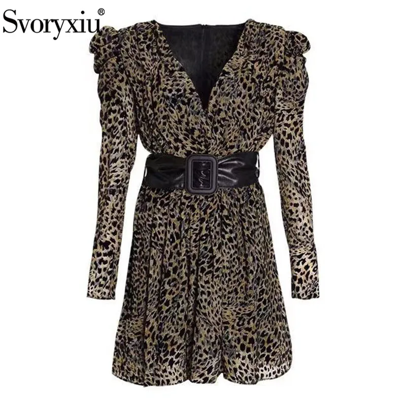 

Svoryxiu 2019 New Runway Designer Autumn Party Leopard Dresses Women's Fashion Puff Sleeve V-Neck Sexy Mini Dress