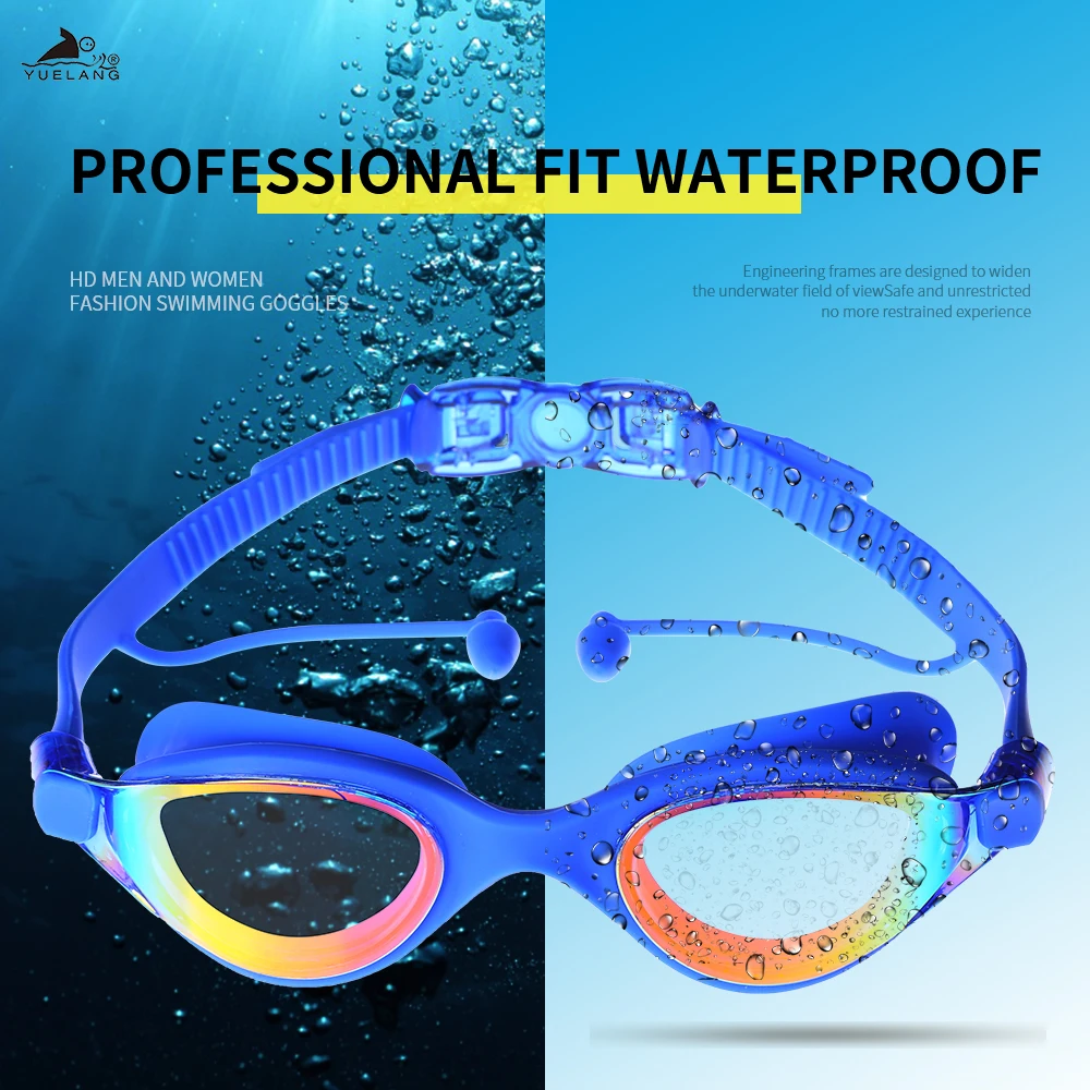 YUELANG Professional Swimming Goggles Swimming with ear plugs Waterproof glasses Anti-Fog Anti-UV Silicone Glasses Electroplate