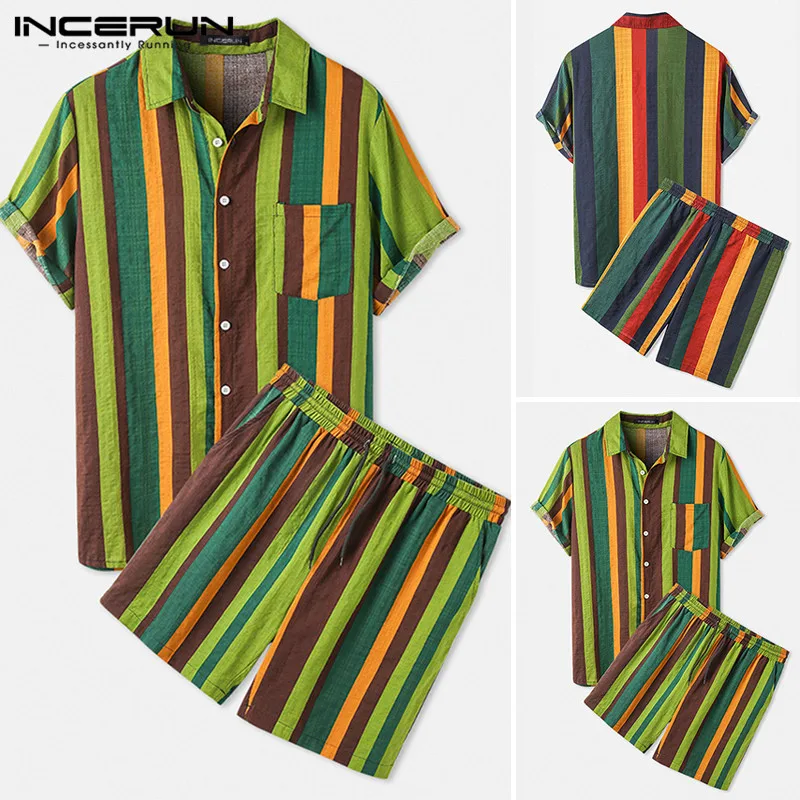 

2020 Mens Striped Vintage Sets INCERUN Fashion Short Sleeve Pockets Shirts Drawstring Shorts Suits Men Summer Hawaiian Sets 3XL