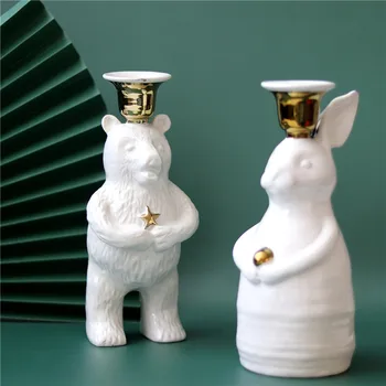 

Creative Rabbit Candlestick Home Desktop Craft Bear Candle Holder Sculpture Decor Romantic Furnishing Articles Couple Gift M5222