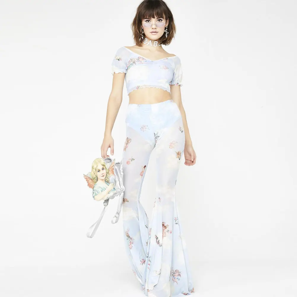 Angel Print Женские винтажные прозрачные сетчатые Топы с коротким рукавом, летние пляжные вечерние топы с v-образным вырезом, Прозрачная майка, женская одежда