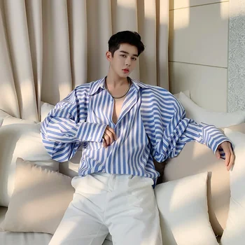 

EWQ / men's and women's wear 2020 spring Summer Blue White Lantern long Sleeve Stripe Shirt Niche Design oversize tops 9Y1442