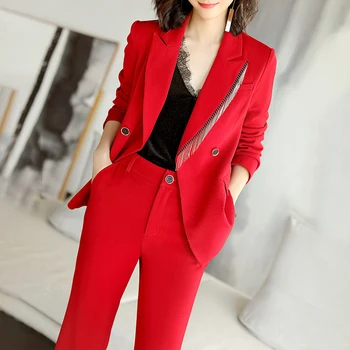 

2020 new red fashion ladies two-piece temperament business ladies small suit high waist wide leg pants high-end suit