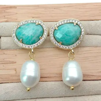 

White Rice Pearl Green A1mazonite Cz Pave Earrings