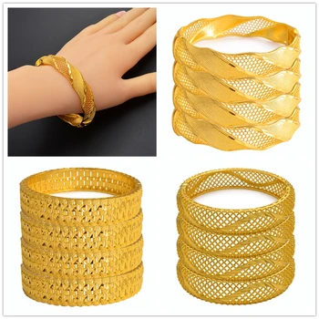 

Anniyo 4Pieces Ethiopian Gold Bangle Women Dubai Bride Bracelets African Gold Color Jewelry Middle East Wedding Gift #225106