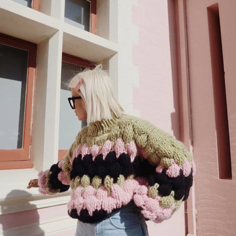 Winter Women Vintage Sweater Pullover Street Fashion Girls Rainbow Striped Coarse Knitted Jumper Ladies Chunky Knitwear