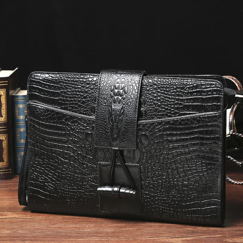 

Men Handbag Casual Men Big Clutch Bag Crocodile pattern Leather Business File Document Bags Handbag Black With Shoulder Belt