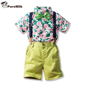 

PureMilk Kids Clothes Summer Clothing Set Floral Printed Tshirt+ Shorts+Strap Green Boys Clothing Set