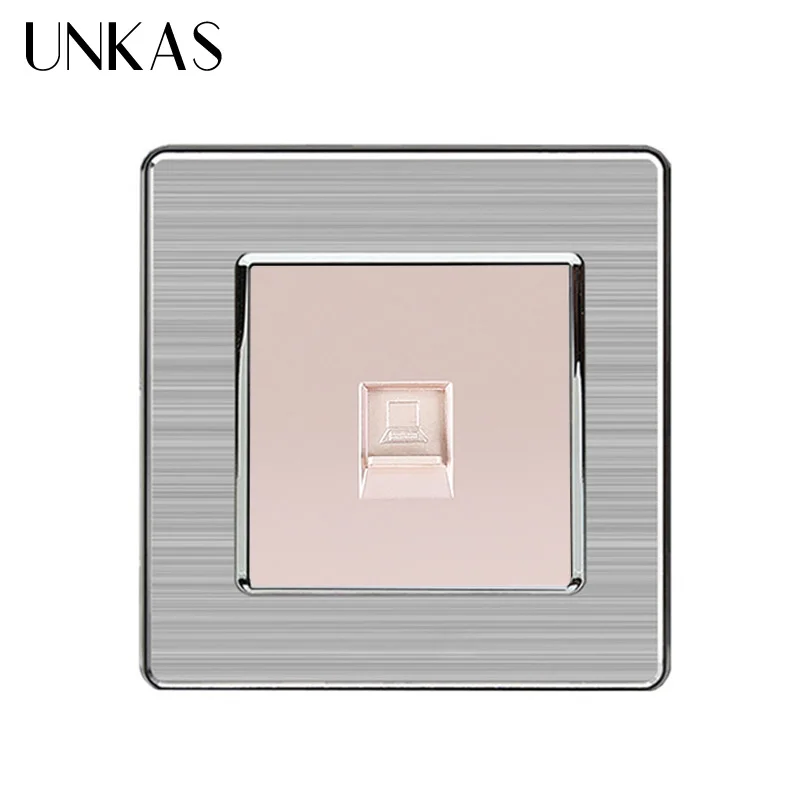 UNKAS 1 комплект RJ45 Интернет-Джек CAT5E разъем из нержавеющей стали матовая панель компьютерная розетка настенная розетка для передачи данных - Тип: Gold