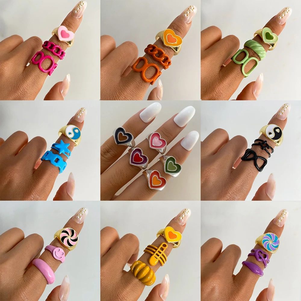 Vintage Heart Rings Set for Women Fashion Resin Flower Love Heart Ring Jewelry Gifts fashion rings fashion ring finger rings