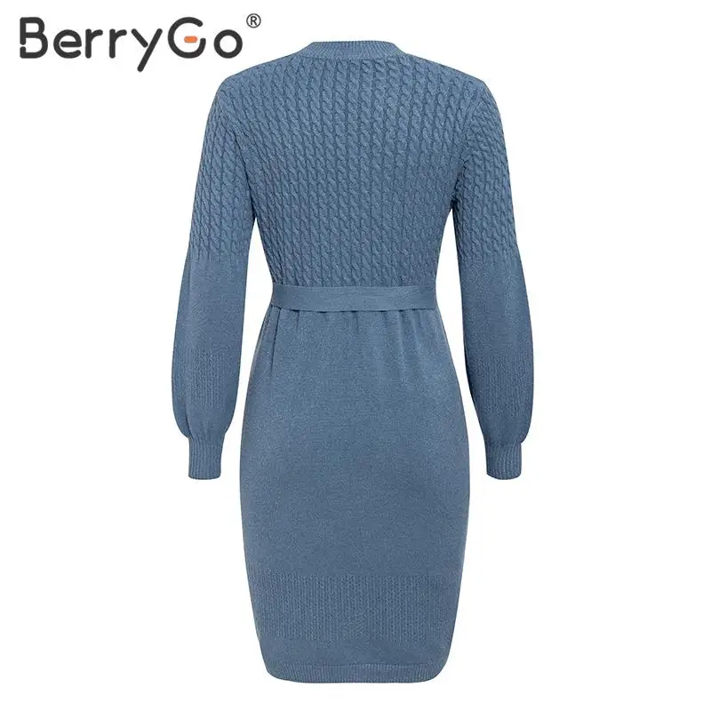 BerryGo трикотажное платье с высокой талией, женское офисное платье, однотонное облегающее шикарное осеннее платье, элегантное мягкое ТРАПЕЦИЕВИДНОЕ женское платье-свитер с поясом