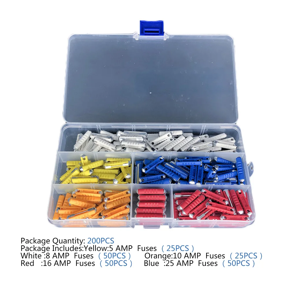 

200PCS Automobile Car Fuses 5A 8A 10A 16A 25A Zinc Alloy Amp Kits With Box Fuse Set Truck Auto Fuse Set