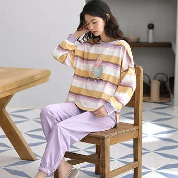 

Winter and Autumn Women's Long-sleeved Pajamas Cute Women Pijamas Set Little Ladies Loose Cotton Home Clothes Two-piece Suit