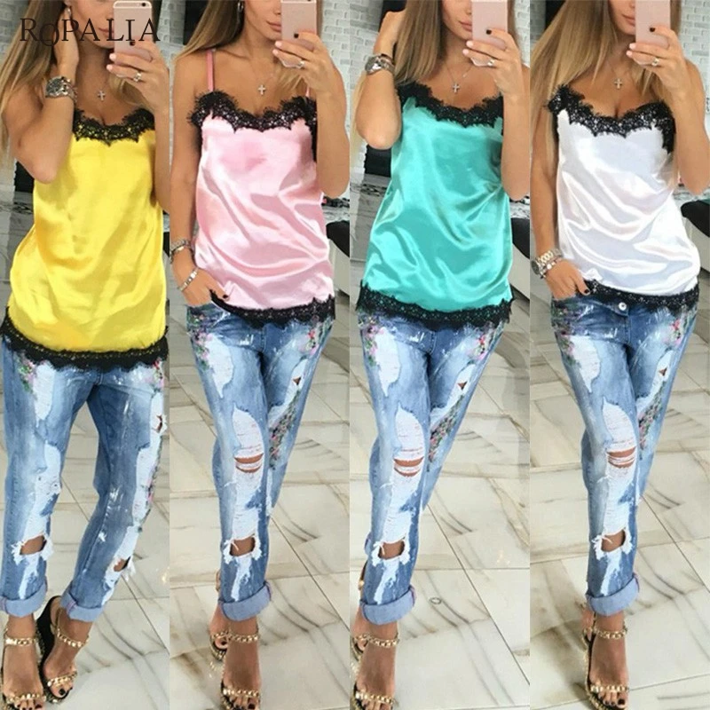 Hot Sale Ladies Satin Camis Female Sleeveless Summer T-shirts Satin Top With Lace Camisole Sexy Tank Tops Women Shirt