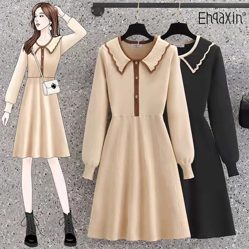 

EHQAXIN Fall Winter New Women's Knitted Dress Casual Elegant Thicken POLO Collar Mid-Length Loose Sweater Dress L-4XL