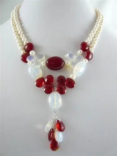 Бесплатная доставка&gt Изысканный 2 ряда белый жемчуг и красный нефрит камень
