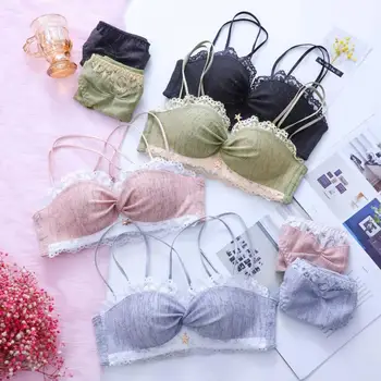 

Hantan Girls Lace Bra Set, Detachable Shoulder Strap, Two Ways to Wear Underwear, Lace Stitching, Shiny Sweet Bra and Panty Set