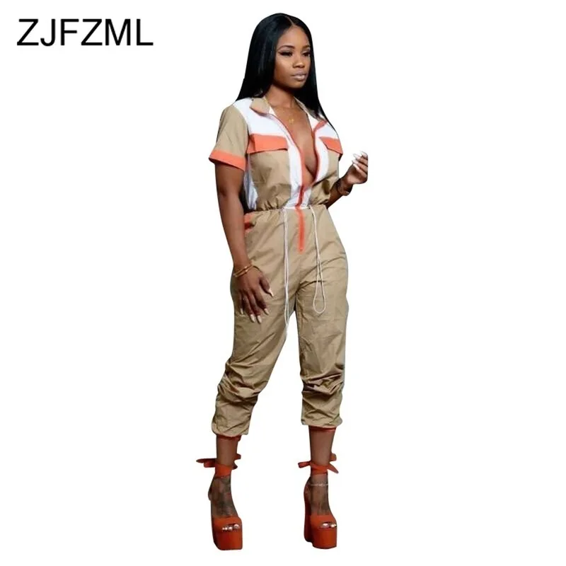 

Elastic Waist Sexy Rompers Women Jumpsuit Turn Down Collar Short Sleeve Bodycon Overall Casual Front Zipper Full Length Bodysuit