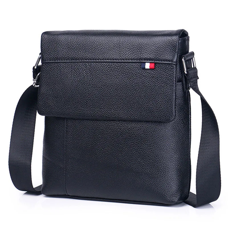 GO-LUCK Brand Classic Black Flap Bussiness Ipad Pack Genuine Leather Men Messenger Bag Men's Crossbody Shoulder Bags
