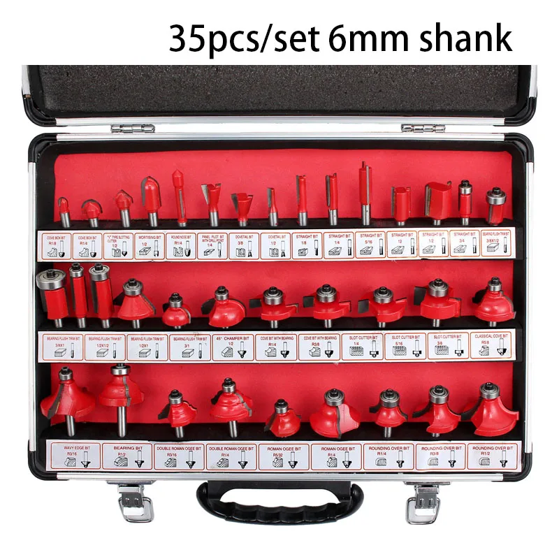 35pc Router Bit Set 6mm and 1/4" Shank Tungsten Carbide Tip Router Bits