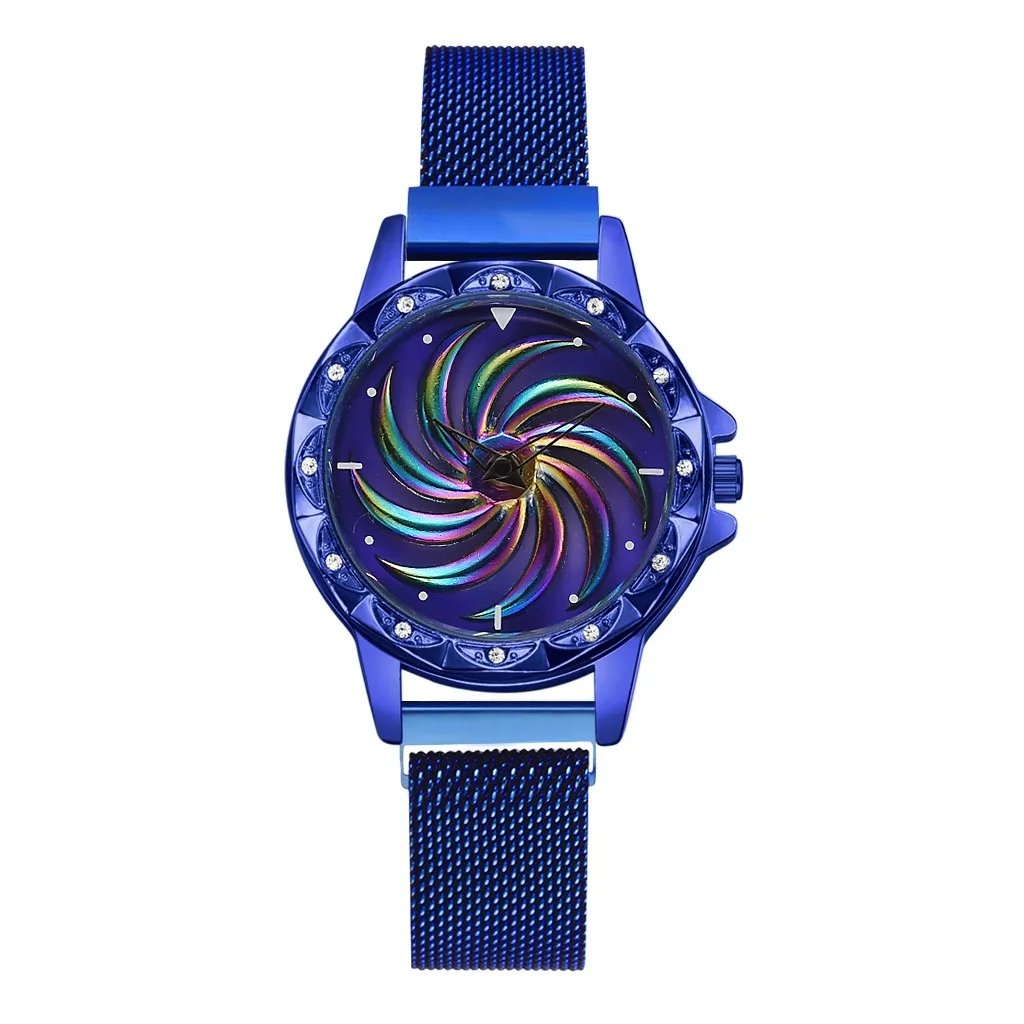 Новая мода вращающийся крутой цветной узор циферблат часы вращающийся цветок поверхность сетчатый ремешок часы ювелирные изделия с бриллиантами для женщин часы 1 - Цвет: B