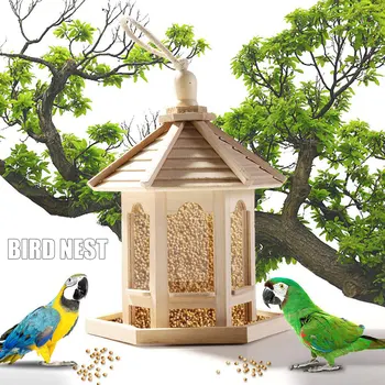 

Wooden Bird Feeder Hanging for Garden Yard Decoration Hexagonal Shaped with Roof MU8669