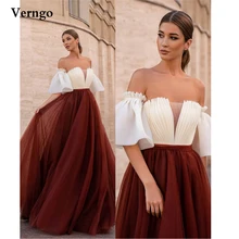 

Verngo Elegant A Line Draped Organza Long Evening Dresses Strapless Removable Sleeves Dark Wine Red Tulle Skirt Prom Gowns