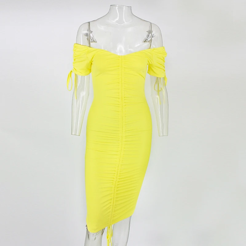 Slaygirl сексуальное летнее платье с открытыми плечами, облегающее Бандажное платье, вечерние платья, повседневное мини желтое платье без бретелек, Клубная одежда, пляжная одежда