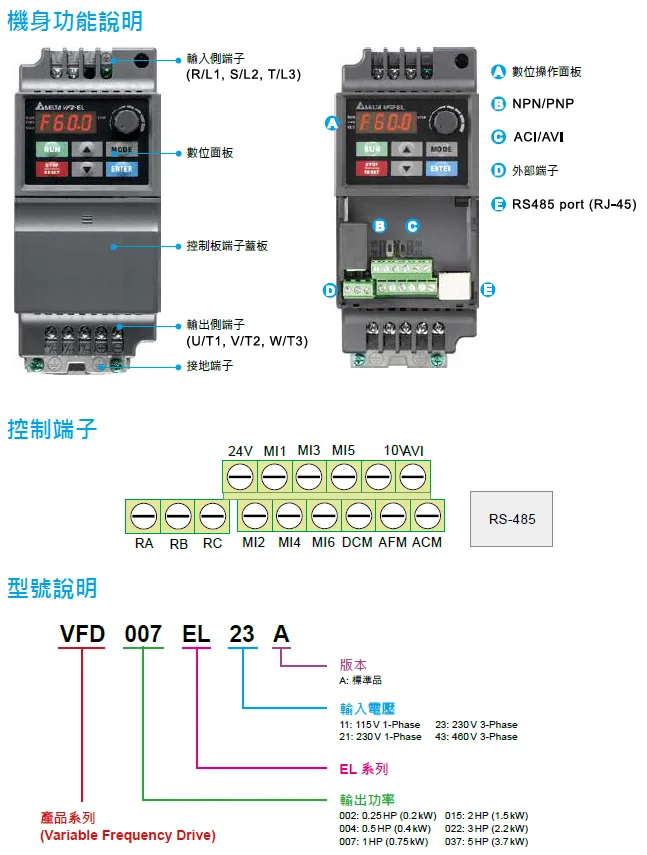 Delta VFD-EL inverter AC230V 1-phase VFD004EL21A Frequency converter 0.4KW 0.5H