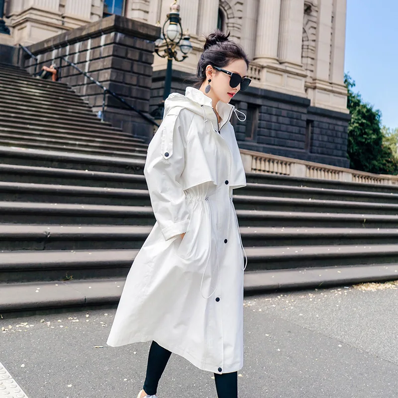 

White Trench Coat Women's Mid-length Korean-style Spring 2019 New Style Students Loose-Fit over-the-Knee Hooded waitmore Coat