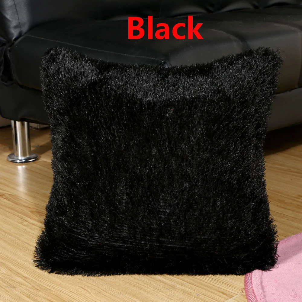 1PC Soft Plush Square Solid Waist Throw Pillow Case DIY Seat Home Decorative Pillow Cover 42cm Pom Pillowcase - Color: Black
