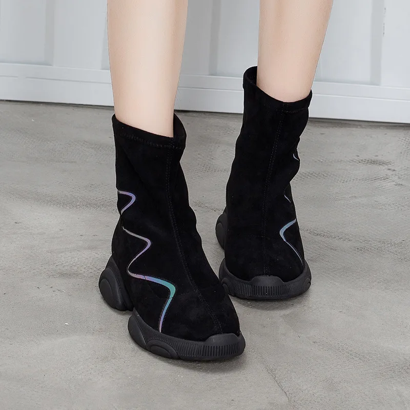 

SWONCO Strech Soft Ankle Boots Women Autumn Casual Platform Sneakers Black 2019 New Female Fashion Martin Boots Slip On Shoes