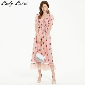 

2020 Summer Elegant Party Dresses Women V-Neck Strawberry Sequin Cute Pink Mesh Dress Ladies Midi Dress Vestidos