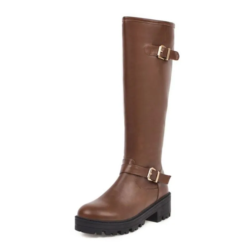 ZALAVOR Plus Size 34-46 Women Knee High Boots Round Toe Side Zip Square Heels Knight Boots Buckle Winter Warm Women Footwear - Цвет: Коричневый