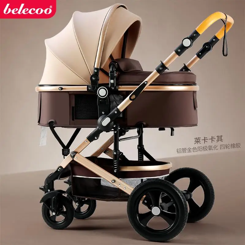Belleco/детская коляска с высоким пейзажем, может лежать, складывается, двусторонняя, четырехколесная, амортизирующая, детская, ручная, пуш-ап - Цвет: Khaki