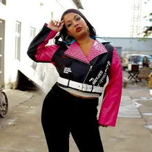

Plus Size Women's Jacket Leather Clothing New Printing Contrast Color Zipper PU Fashion Jacket Club Clothing Chaqueta De Cuero