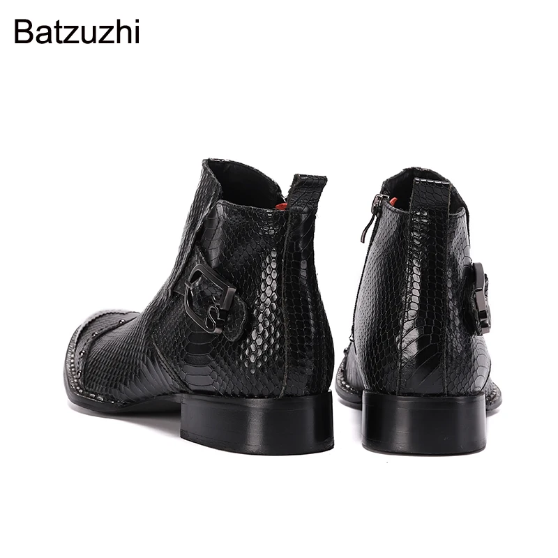Batzuzhi Luxury Handmade Boots Men Black Genuine Leather Boots Men Ankle Pointed Metal Head Zip Business Fashion Party Botas