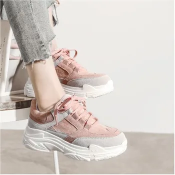 

2020 Spring Women Chunky Sneakers Ulzzang Fashion Platform Pink Lace Up Casual Shoes 5cm Ladies Leather Vulcanized Shoes Woman