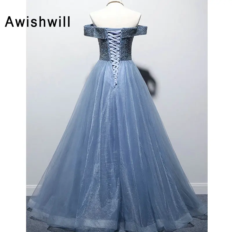 Vestidos Gala, сексуальное длинное платье для выпускного вечера,, с открытыми плечами, с бисером, тюль, на шнуровке, сзади, длина до пола, женское официальное вечернее платье