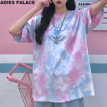

ADIESS tie-dye Gradient Color Plus Size Loose Harajuku Style E-Girl Letter Print Hip Hop Short Sleeve Retro Ladies T-shirt