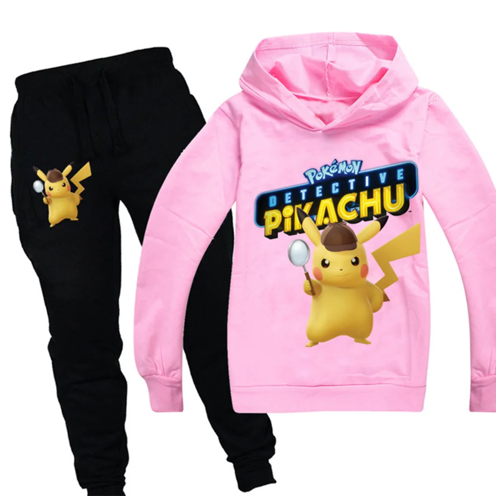989pink POKEMON GO Detective Pikachu/детская одежда для мальчиков и девочек осенний Свитшот комплект из 2 предметов, хлопковые спортивные толстовки с длинными рукавами и рисунком, Комплект футболок - Цвет: 989pink