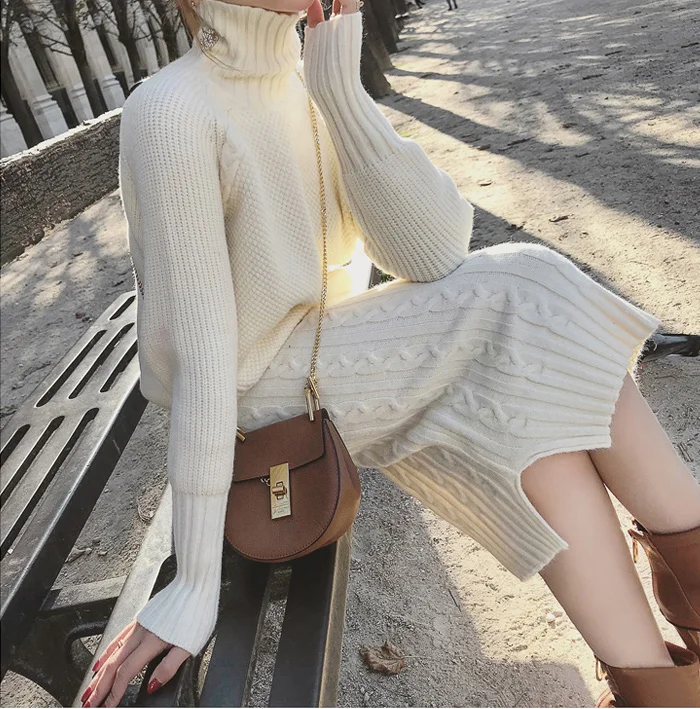 Twist Knitted 2 Piece Set Women Long Sleeve Turtleneck Pullover Sweater+ Split Pencil Skirt Set Lady Runway Knitting Skirt Suit