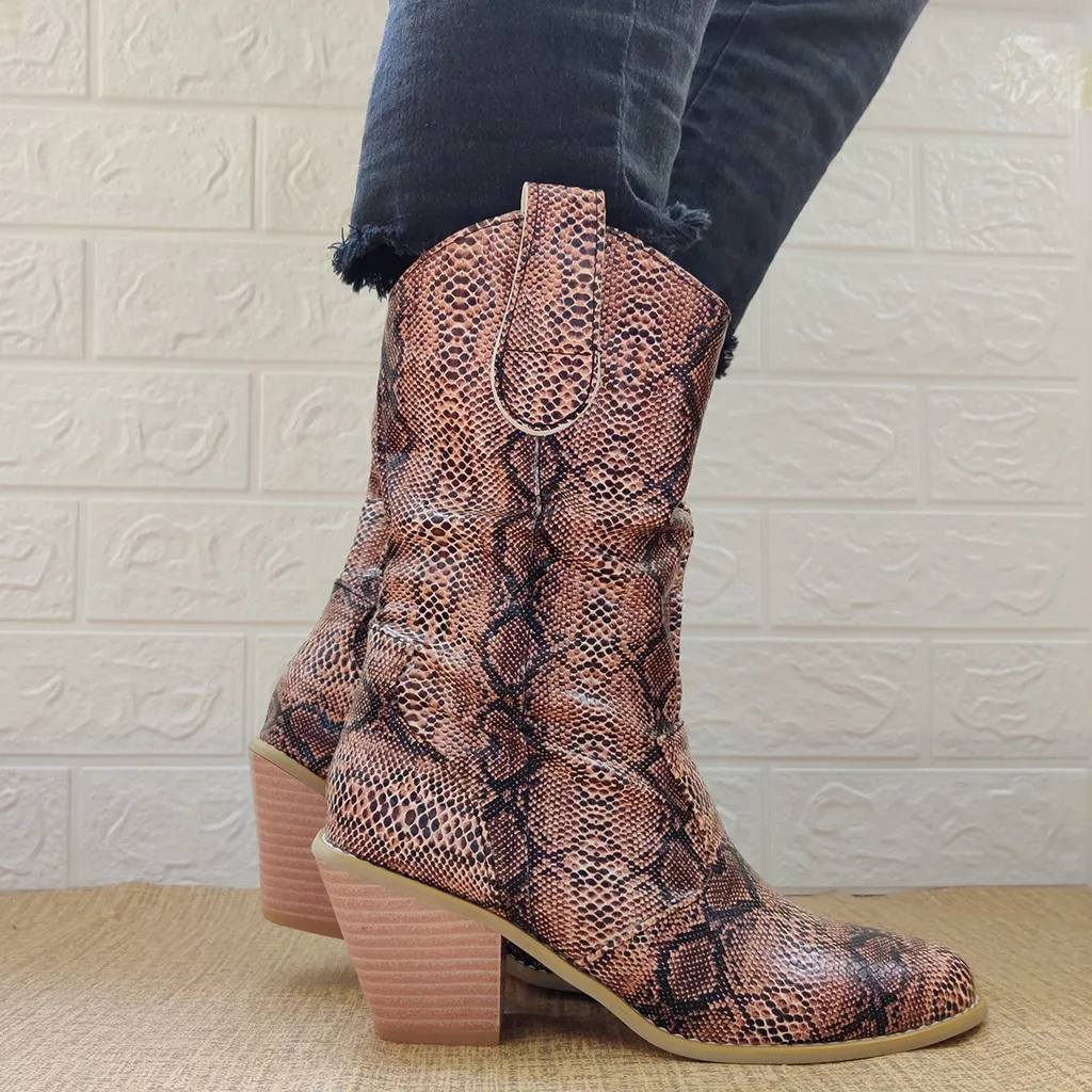 New Spring Winter Fashion Snake Grain Round Toe Slip-On Boots Square Heels Vintage Women Boots mid-calf boots shoes#O22