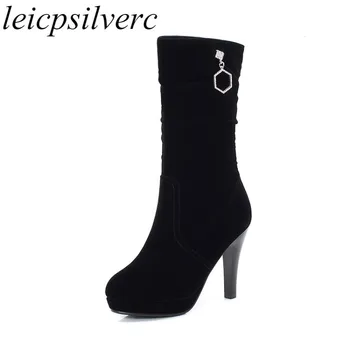 

Women's Boots Autumn Winter Mid-calf Flock Super High Heel 2019 Fashion Versatile Round Toe and Comfortable Temperament Office