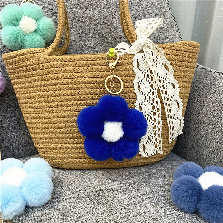 Creative flower pom pom ball keychain cute plush flower Keychain car bag car key ring gift K4284|Key Chains| -