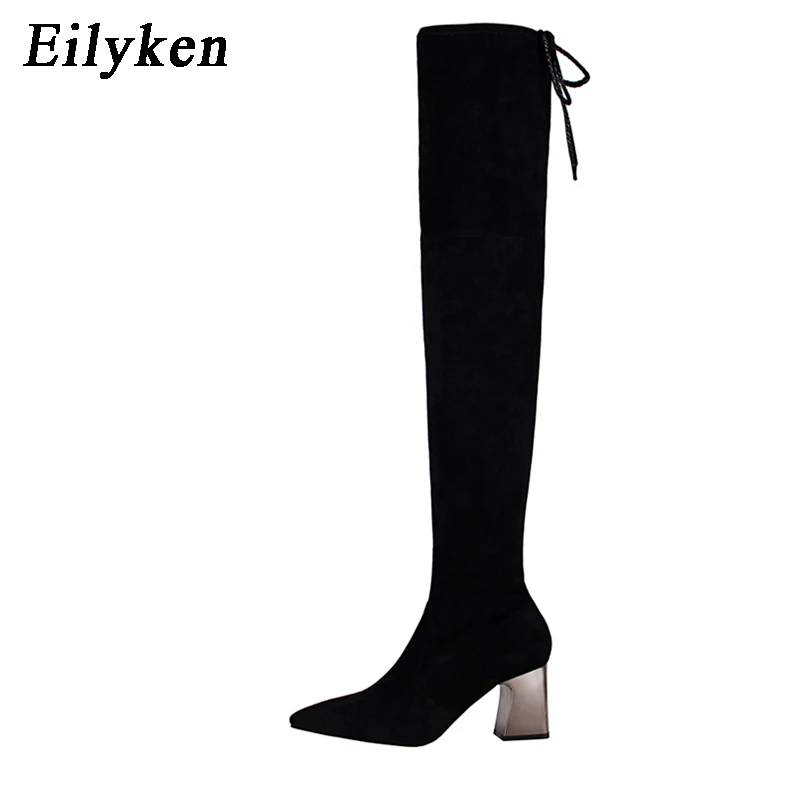 Black Eilyken/женские ботфорты выше колена; модная женская обувь черного цвета на Высоком толстом каблуке с острым носком; женские зимние сапоги для отдыха; Новинка года - Цвет: Black