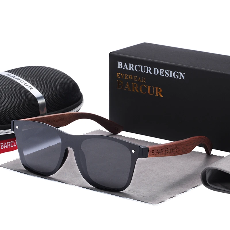 BARCUR, натуральный черный орех, солнцезащитные очки для мужчин, поляризационные солнцезащитные очки, дерево, UV400, Oculos de sol masculino feminino - Цвет линз: Black